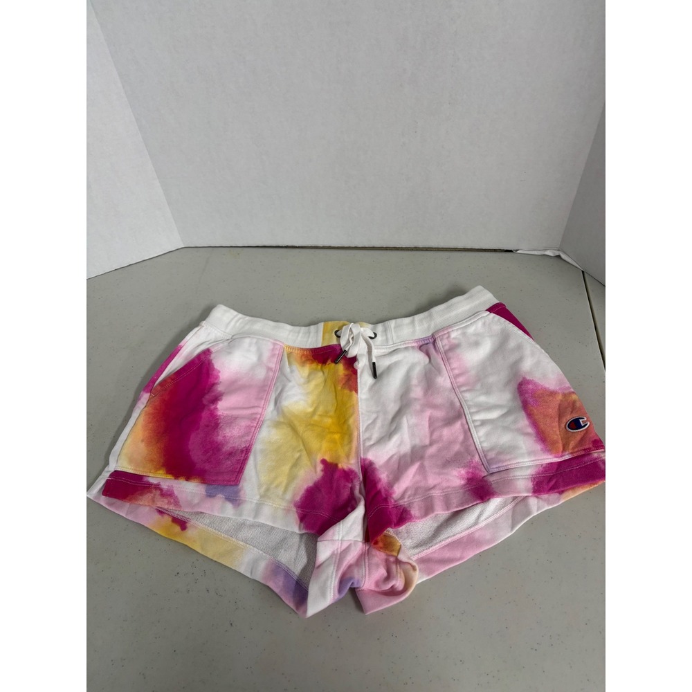 Champion Womens Tie Dye French Terry Athletic Shorts‎ Pink Yellow XL
